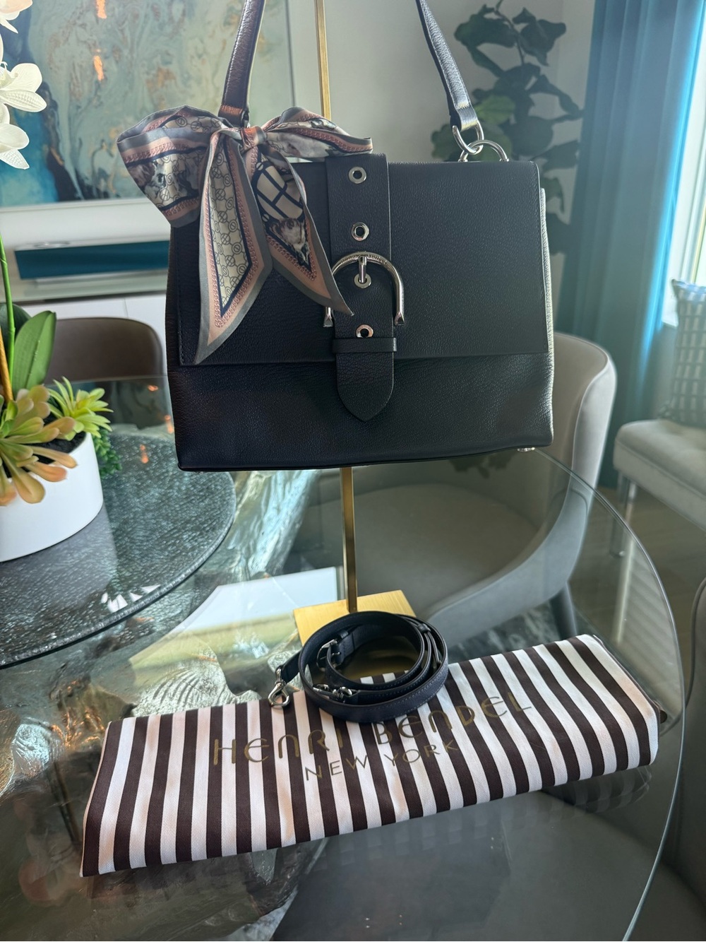 henri bendel grey Leather Top-Handle Satchel with Scarf Accent